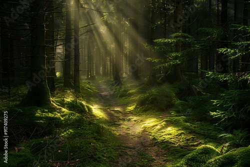 Fototapeta Naklejka Na Ścianę i Meble -  An enchanted forest path, soft light rays breaking through dense canopy, casting dappled light on the mossy trail, creating a peaceful and mysterious ambiance