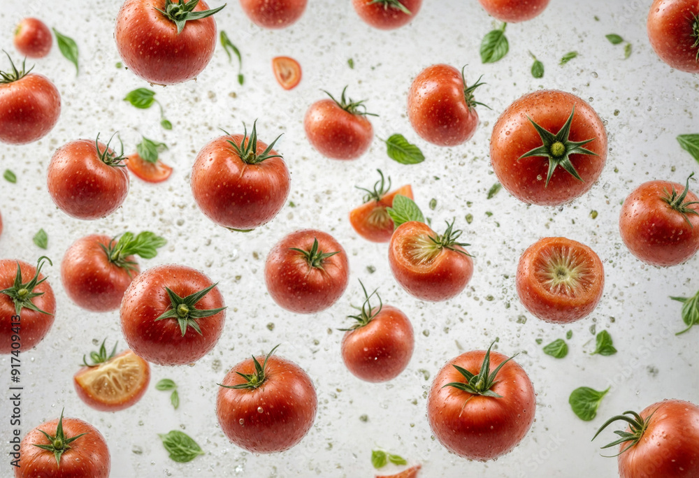red tomatoes flying through the air on white background red tomatoes flying through the air on white background