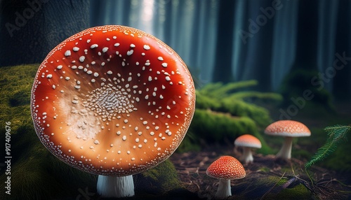 fly agaric mushroom in a dark forest photo