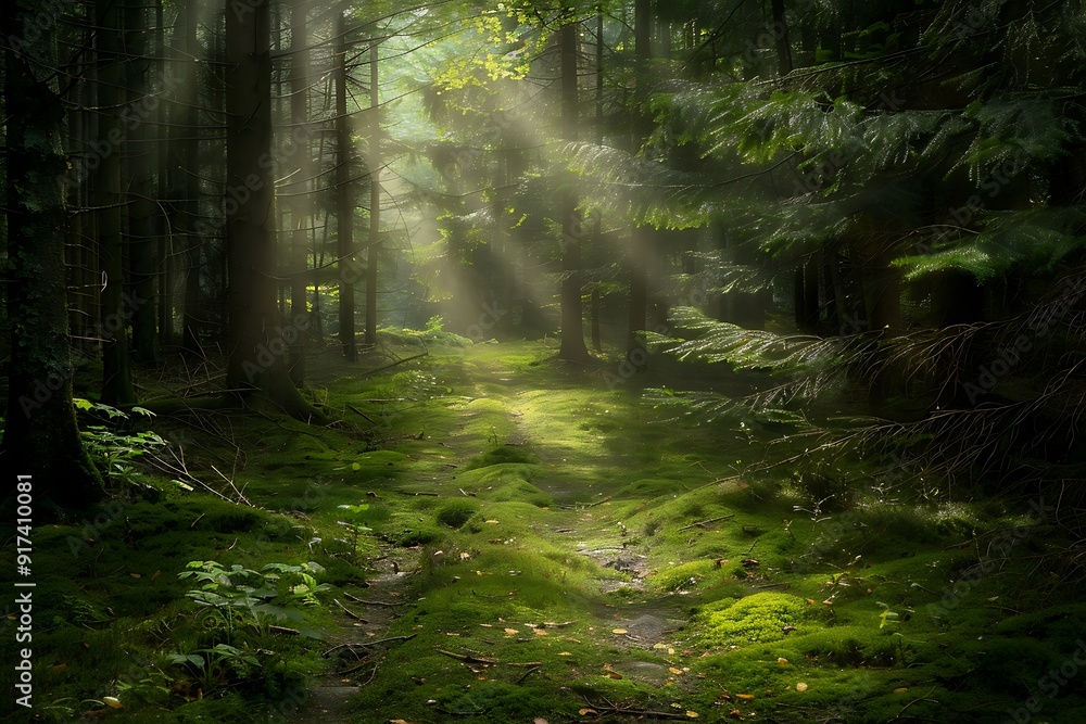 Fototapeta premium An enchanted forest path, soft light rays breaking through dense canopy, casting dappled light on the mossy trail, creating a peaceful and mysterious ambiance