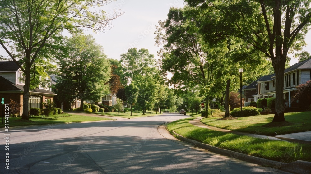 A serene residential street flanked by lush trees and well-maintained houses under a clear sky. A serene residential street flanked by lush trees and well-maintained houses under a clear sky.