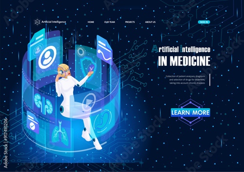 Landing page Isometric. Artificial Intelligence processes the patient analyses to make a diagnosis and prescribe treatment. Header of the Artificial Intelligence website