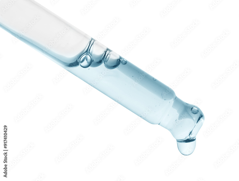 Dropper with light blue cosmetic oil on white background Dropper with light blue cosmetic oil on white background