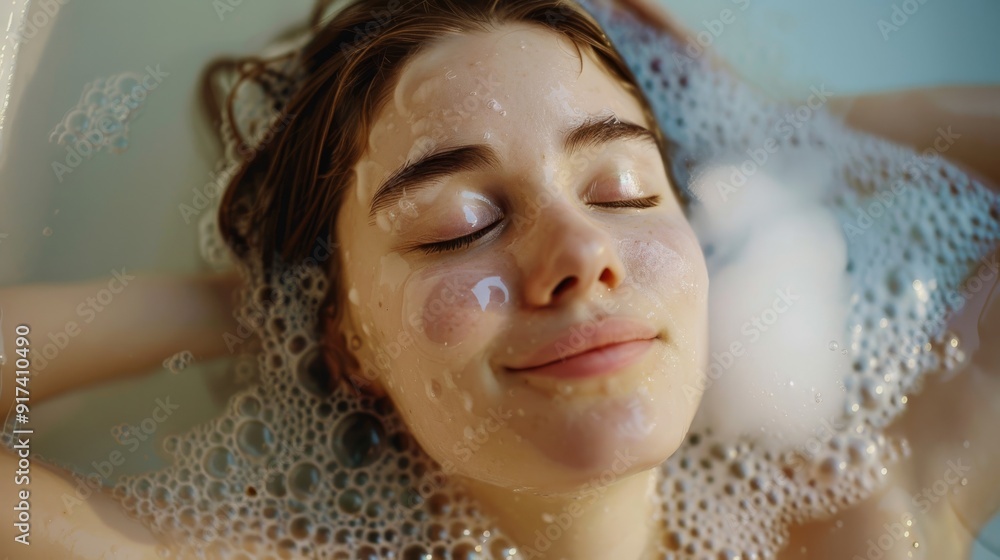 A young woman relaxes in a bubble-filled bathtub, eyes closed, with a serene smile, capturing a moment of pure bliss and relaxation. A young woman relaxes in a bubble-filled bathtub, eyes closed, with a serene smile, capturing a moment of pure bliss and relaxation.