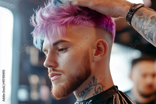 Young Man with Pastel Pink and Purple Hair Getting Styled at Barber Shop, Close-Up