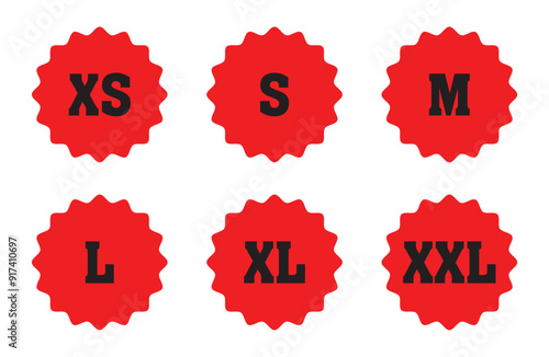 Clothing size vector icons set. Clothes labels s, xs, m, l, xl, xxl. Vector.  literal measurement standard clothing size from big to small s xxxl sticker, vector template label in eps 10.
