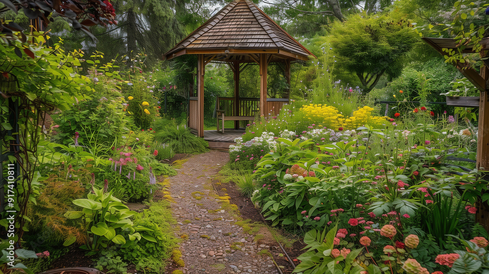 A lush garden path with grape-colored flowers and green foliage leading to a quaint gazebo A lush garden path with grape-colored flowers and green foliage leading to a quaint gazebo
