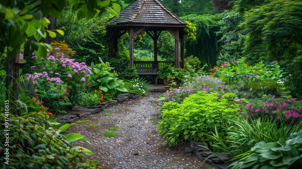 A lush garden path with grape-colored flowers and green foliage leading to a quaint gazebo A lush garden path with grape-colored flowers and green foliage leading to a quaint gazebo