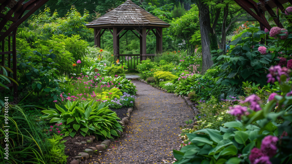 Naklejka premium A lush garden path with grape-colored flowers and green foliage leading to a quaint gazebo