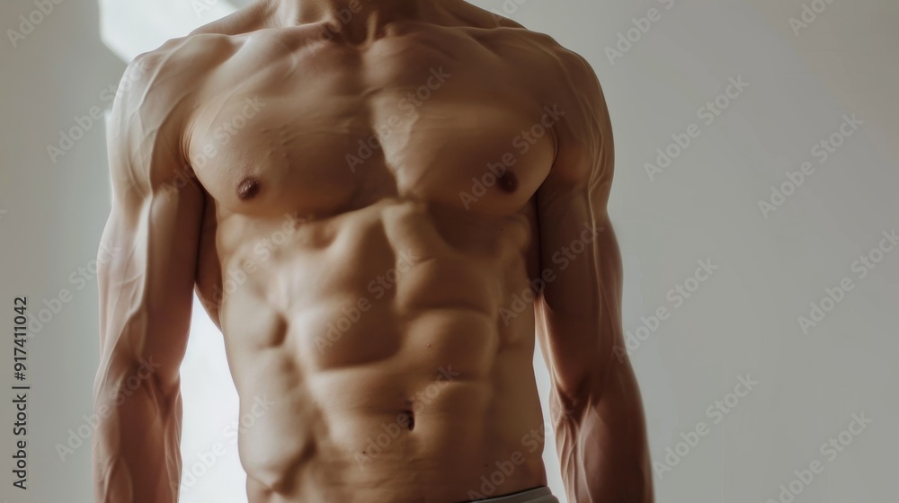 Fototapeta premium A well-defined muscular torso in natural light highlighting the contours and definition, evoking strength, fitness, and dedication to physical health.