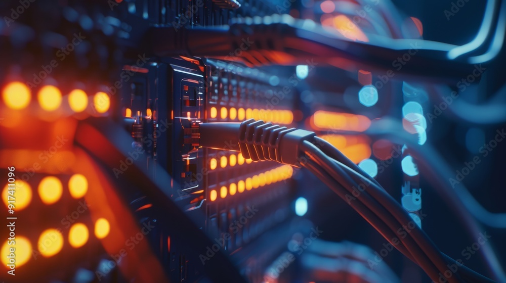 A close-up of a network server panel glowing with orange and blue lights, showcasing the intricate connections of cables and technology. A close-up of a network server panel glowing with orange and blue lights, showcasing the intricate connections of cables and technology.