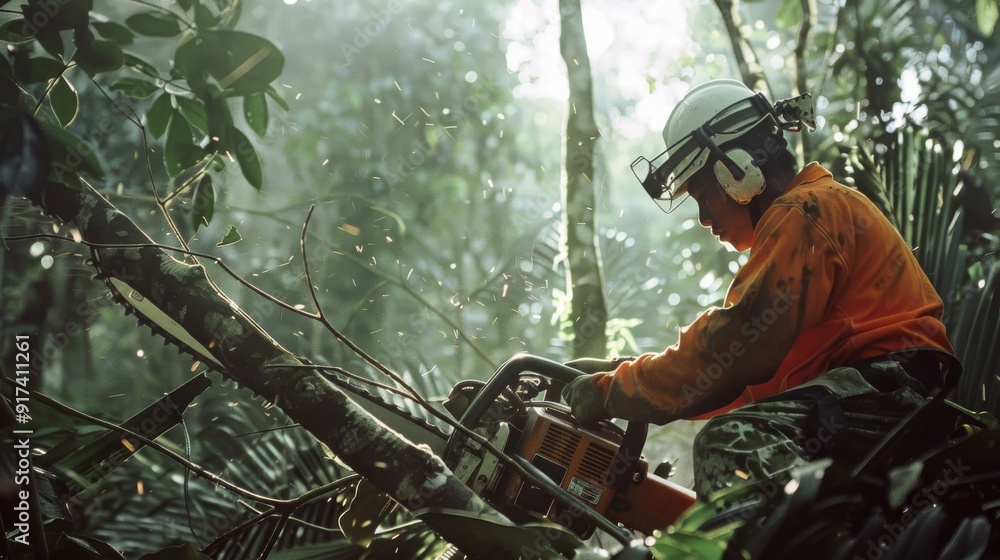 Lumberjack expertly handles a chainsaw while cutting through a thick tree branch in a sun-dappled forest. Lumberjack expertly handles a chainsaw while cutting through a thick tree branch in a sun-dappled forest.
