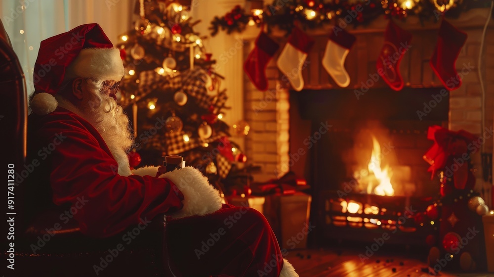A cozy winter scene with Santa Claus relaxing by a warm, crackling fireplace, surrounded by festive holiday decorations and a beautifully lit Christmas tree. A cozy winter scene with Santa Claus relaxing by a warm, crackling fireplace, surrounded by festive holiday decorations and a beautifully lit Christmas tree.