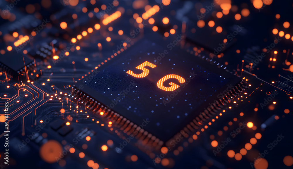 Circuit Board Details with a Prominent 5G icon, Representing Advanced Technology Embedded in the Core of Next-Generation Wireless network design Circuit Board Details with a Prominent 5G icon, Representing Advanced Technology Embedded in the Core of Next-Generation Wireless network design
