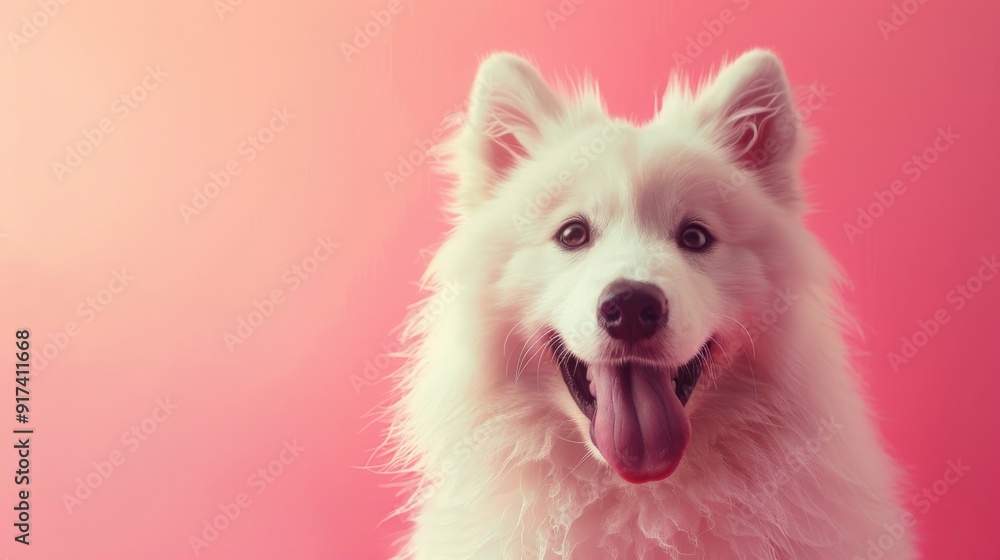 Fluffy white dog with a joyful expression, bright eyes, and tongue out, set against a warm pink background, capturing a moment of pure happiness. Fluffy white dog with a joyful expression, bright eyes, and tongue out, set against a warm pink background, capturing a moment of pure happiness.