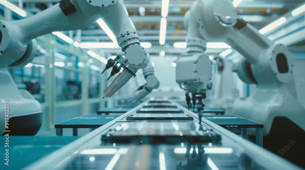 An advanced robotic assembly line with multiple robotic arms working in a high-tech manufacturing facility, showcasing innovation and precision engineering. An advanced robotic assembly line with multiple robotic arms working in a high-tech manufacturing facility, showcasing innovation and precision engineering.