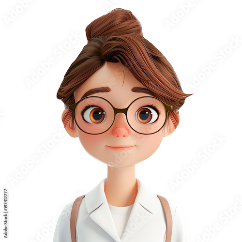 Cute 3D Cartoon Girl Character With Glasses And Lab Coat, Isolated On White Background, Perfect For Educational And Scientific Projects.