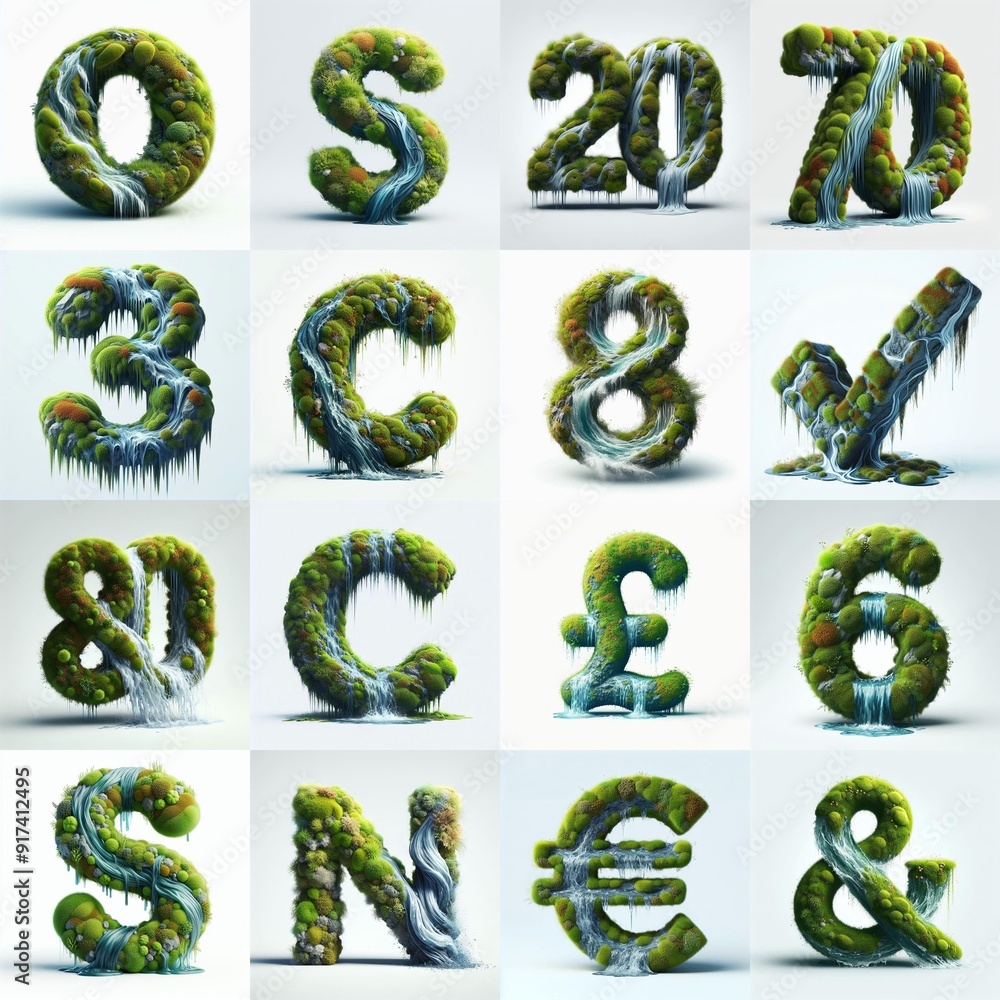 Naklejka premium Grass and moss and water Lettering Typeface. AI generated illustration