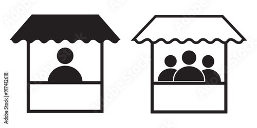 Sales booth icon set. show event ticket window counter vector symbol in black filled and outlined style. information window sign. promo stall icons