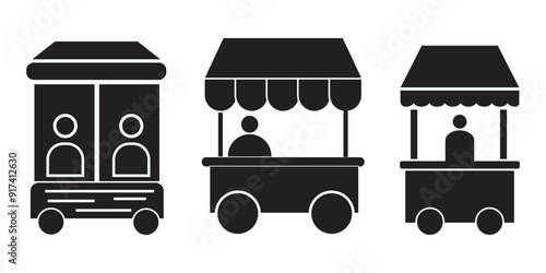 Sales booth icon set. show event ticket window counter vector symbol in black filled and outlined style. information window sign. promo stall icons