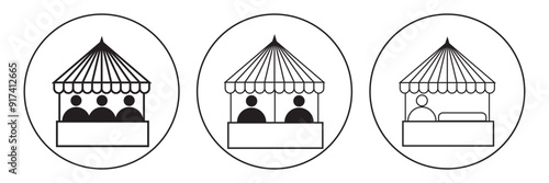 Sales booth icon set. show event ticket window counter vector symbol in black filled and outlined style. information window sign. promo stall icons