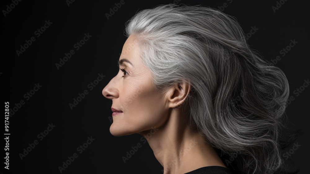 Naklejka premium profile of a middle-aged woman with gray hair on a black background. the problem of early gray hair and the preservation of youth. 