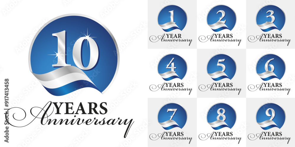 Set of Anniversary vector creative design circle emblems with ribbon and silver numbers blue color on white background for celebration event, invitation, greeting, template, leaflet and booklet Set of Anniversary vector creative design circle emblems with ribbon and silver numbers blue color on white background for celebration event, invitation, greeting, template, leaflet and booklet