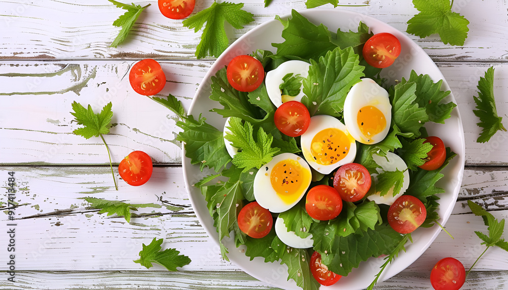 Bowl with salad of nettle leaves, eggs and tomatoes. Healthy spring detox food Bowl with salad of nettle leaves, eggs and tomatoes. Healthy spring detox food