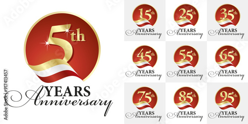 Set of Anniversary vector creative design circle emblems with ribbon and golden numbers red color on white background for celebration event, invitation, greeting, web template, leaflet