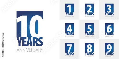 Set of Anniversary vector creative design emblems with negative space numbers blue color on white background for celebration event, invitation, greeting, web template, leaflet