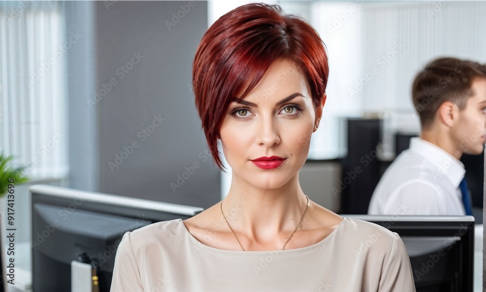 Close up portrait of a pretty smiling young woman with red hair at office Close up portrait of a pretty smiling young woman with red hair at office