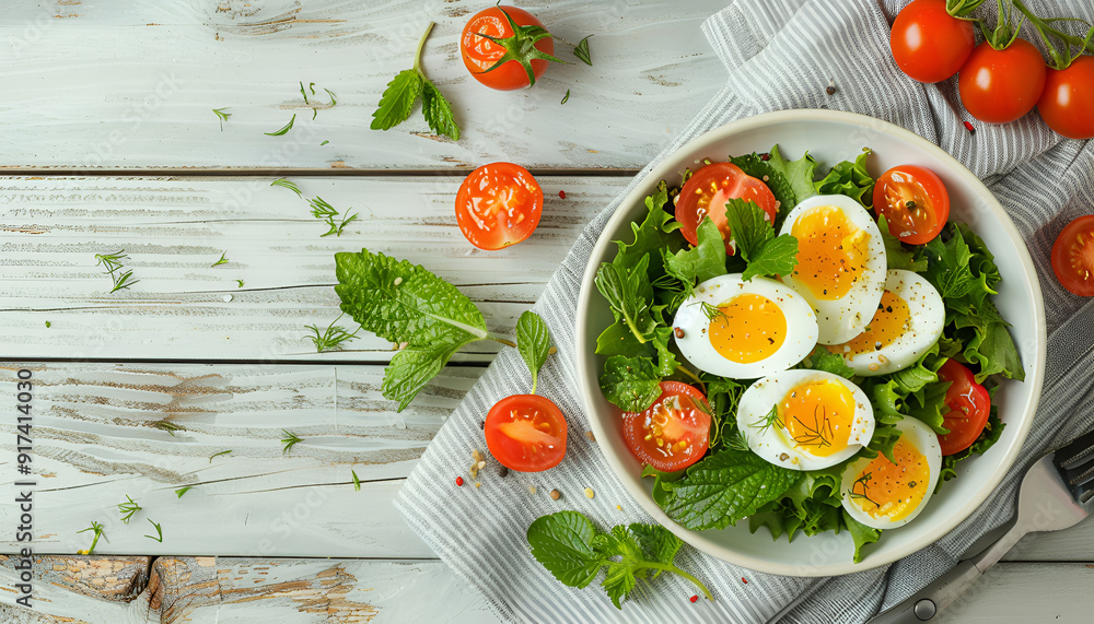 Bowl with salad of nettle leaves, eggs and tomatoes. Healthy spring detox food Bowl with salad of nettle leaves, eggs and tomatoes. Healthy spring detox food