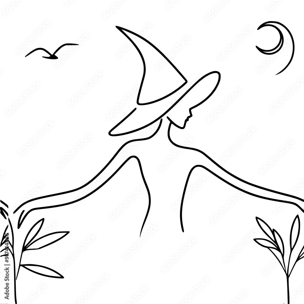 silhouette of a woman in a witch hat on a white background, halloween, vector simple outline image silhouette of a woman in a witch hat on a white background, halloween, vector simple outline image