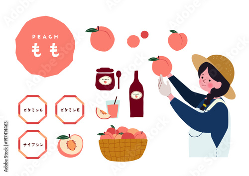 桃を収穫する女の子と桃の栄養素のイラストセット
