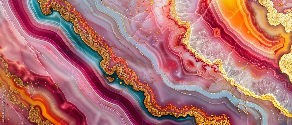 Close-up of colorful agate stone texture with vibrant lines and gold accents. Detailed and vibrant gemstone surface Close-up of colorful agate stone texture with vibrant lines and gold accents. Detailed and vibrant gemstone surface