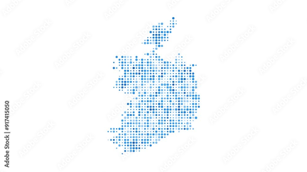 Ireland dotted digital map. Map of Ireland with pulsating colored circles. Shape of the country filled with blue disks. Elegant video. Ireland dotted digital map. Map of Ireland with pulsating colored circles. Shape of the country filled with blue disks. Elegant video.