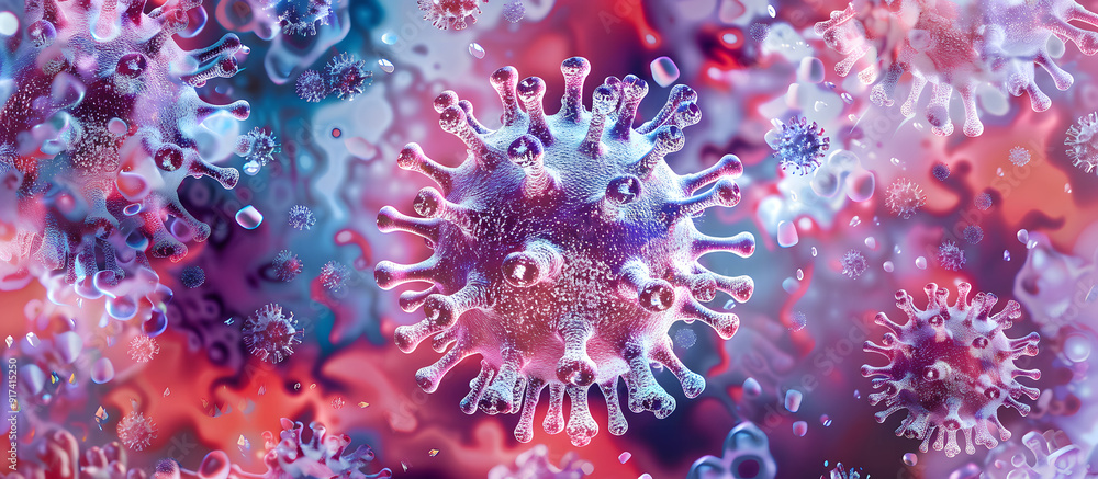 Fototapeta premium coronavirus Virus Close-Up in Vivid Colors, a highly magnified view of a coronavirus particle, emphasizing its structure with enhanced, vivid colors against a dark background design