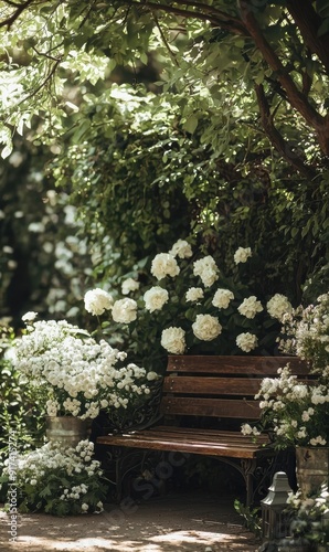 Serene Garden Bench Surrounded by White Flowers and Lush Greenery photo