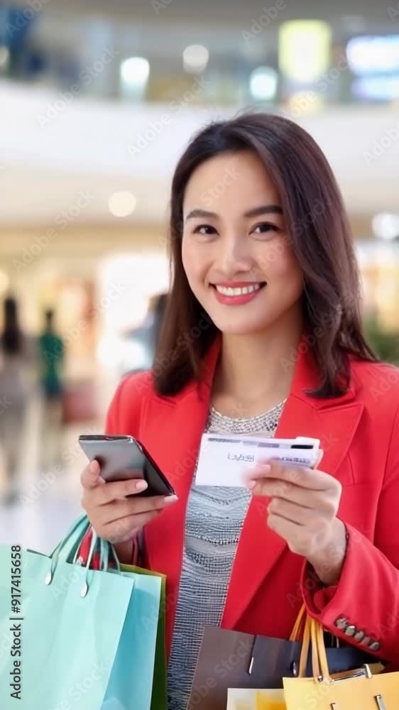 Young asian woman holding shopping paper bags in a shopping mall. Young asian woman holding shopping paper bags in a shopping mall.