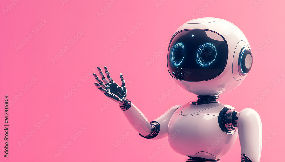 cute robot waving with one hand in shades of light blue, isolated on a solid pink background. with copy space design cute robot waving with one hand in shades of light blue, isolated on a solid pink background. with copy space design