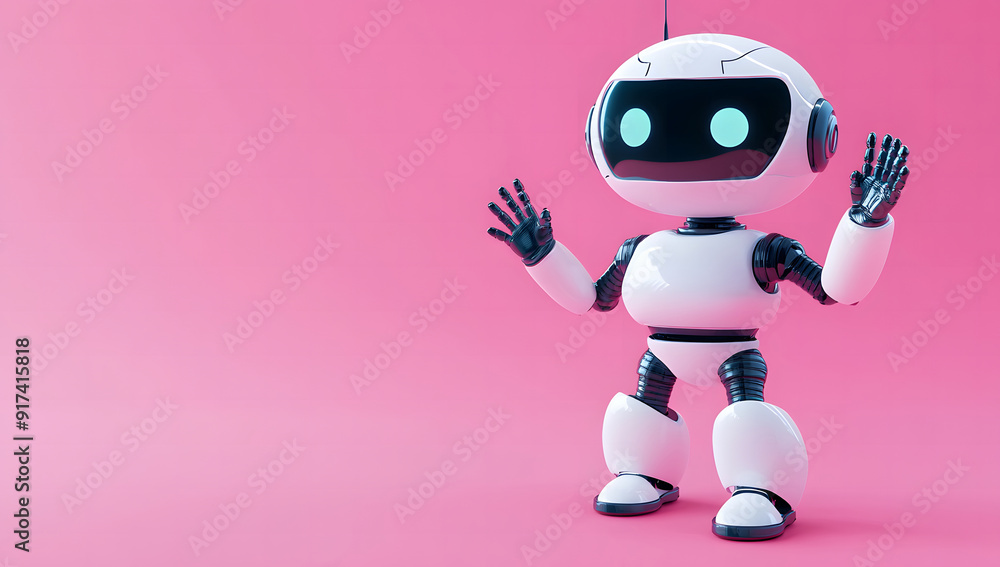 cute robot waving with one hand in shades of light blue, isolated on a solid pink background. with copy space design cute robot waving with one hand in shades of light blue, isolated on a solid pink background. with copy space design