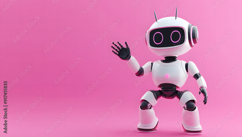 cute robot waving with one hand in shades of light blue, isolated on a solid pink background. with copy space design cute robot waving with one hand in shades of light blue, isolated on a solid pink background. with copy space design