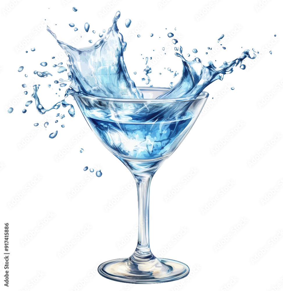 Sparkling water splashes in a cocktail glass, cut out - stock png. Sparkling water splashes in a cocktail glass, cut out - stock png.