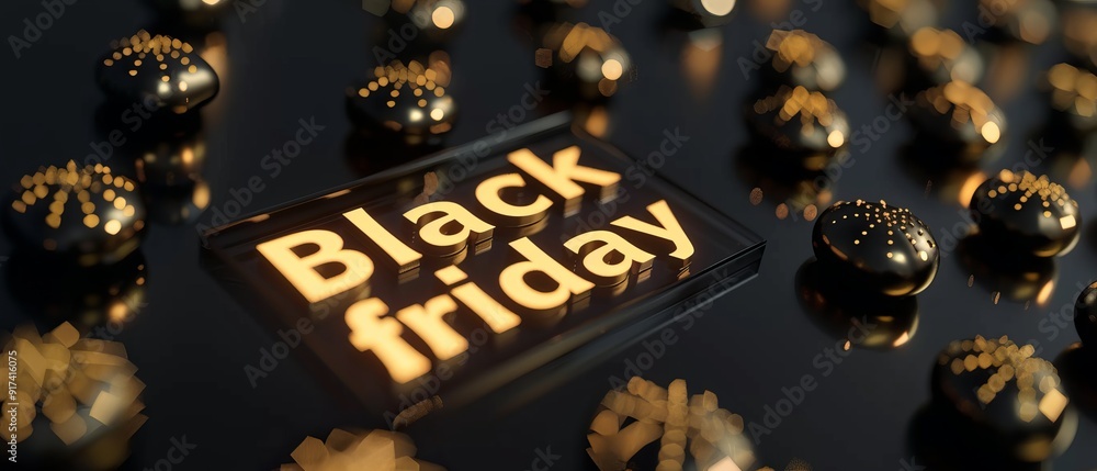 Obraz premium Black friday sale inscription gold letters Black friday on a black background. Copy space, creative background. 3D illustration