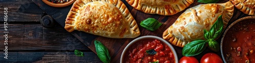 Homemade meat and vegetable patty pies Italian closed calzone pizza Mexican empanada and Karaim Ukrainian pies served with homemade tomato sauce fresh basil and spices on a dark table photo