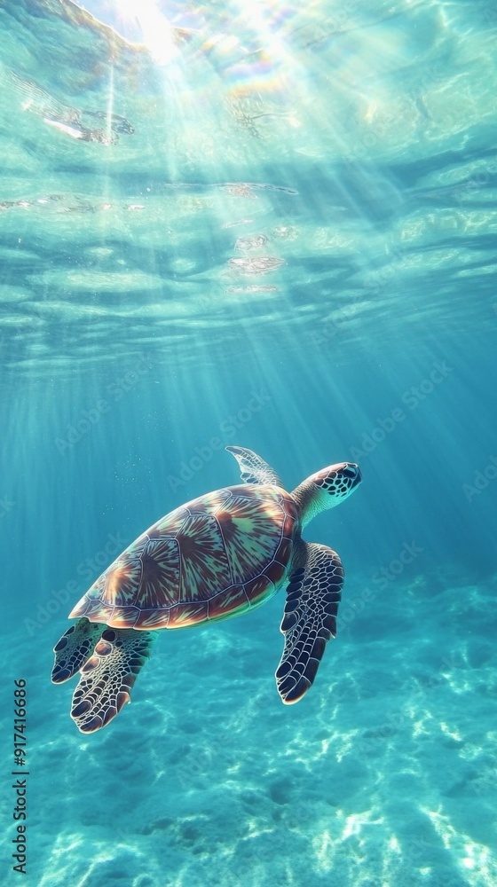 Obraz premium Underwater Serenity: A Majestic Sea Turtle Glides Through Luminously Clear Blue Waters, Sunbeams Dancing on its Ancient Shell