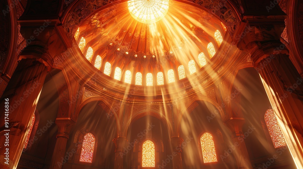 Obraz premium Ornate mosque interior with intricate geometric patterns and calligraphy, Generative AI