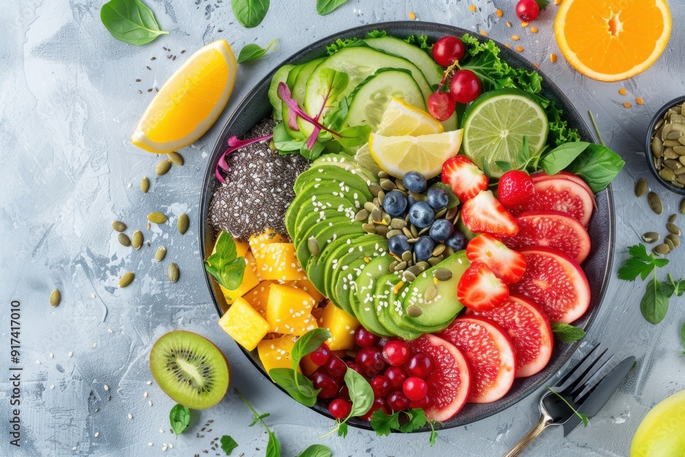 Fresh and colorful mixed fruit and vegetable salad served in a bowl on a textured background Fresh and colorful mixed fruit and vegetable salad served in a bowl on a textured background