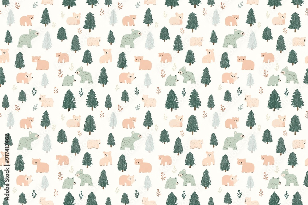 Adorable cartoon bears amidst pine trees in a charming pastel forest pattern, perfect for fabric or wallpaper design Adorable cartoon bears amidst pine trees in a charming pastel forest pattern, perfect for fabric or wallpaper design