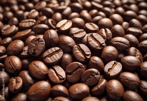 Close-up of roasted coffee beans, with their rich brown color and textured surfaces filling the frame